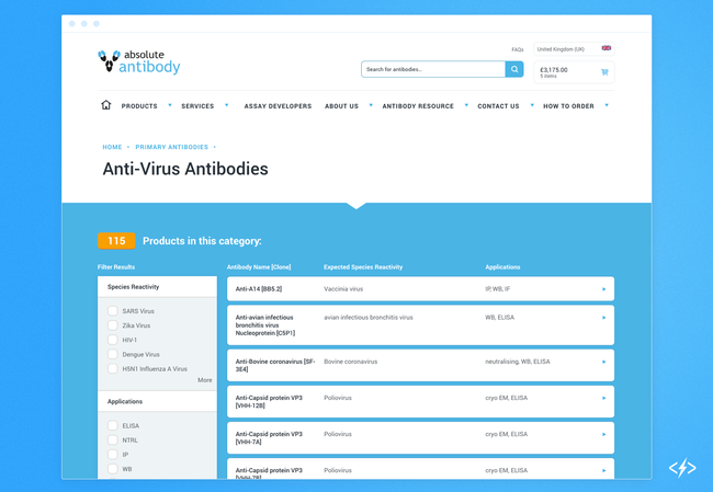 Absolute Antibody网站提供了广泛的研究和诊断用试剂目录，包括抗病毒抗原的抗体